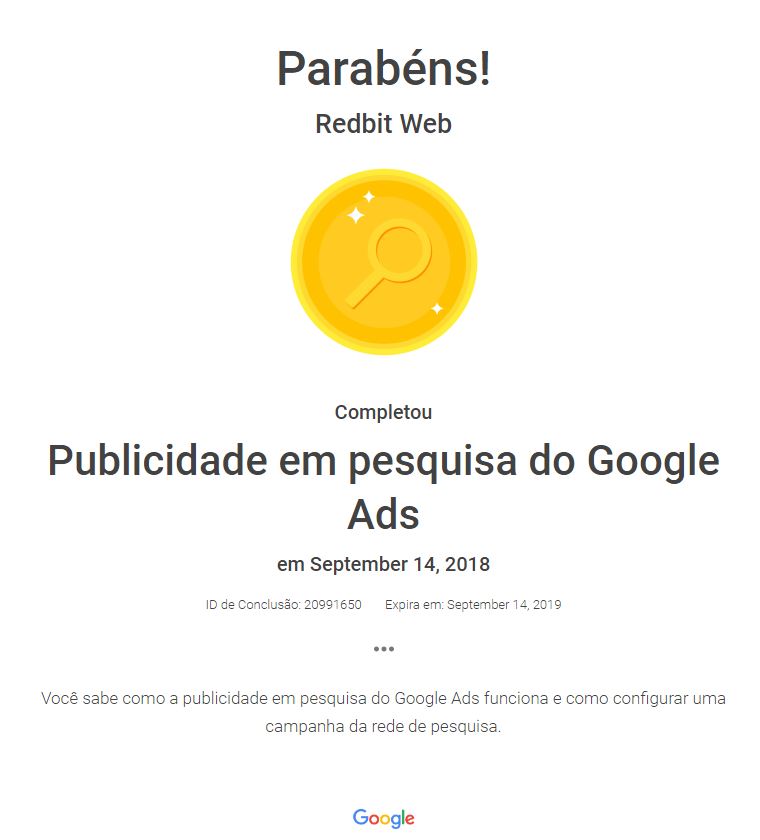 Certificado de Publicidade em Pesquisa do Google Ads